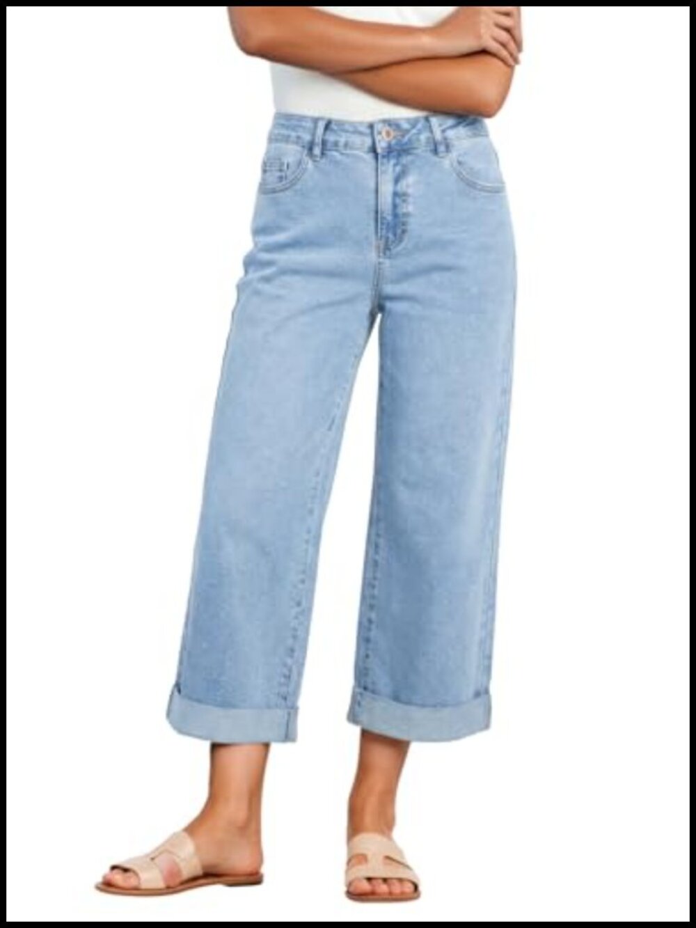 Wide Leg High Waisted Cropped Capri Jeans Rolled Hem Denim Pants